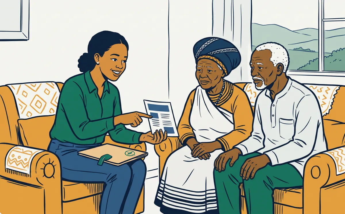 A representative explains a funeral policy to an elderly couple in their living room.